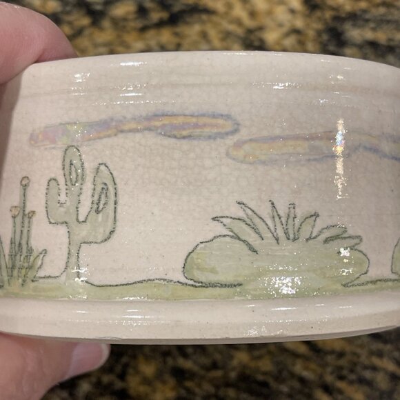 Vtg Handcrafted Lynn Gray Signed Art Pottery Desert Cactus Bowl Rim Pinch Deco - Picture 13 of 16
